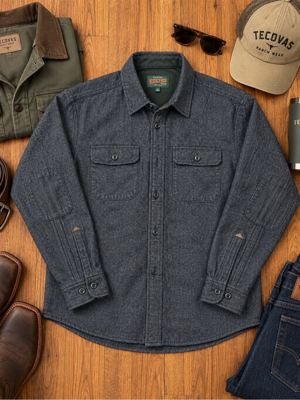 Tecovas Heavyweight Herringbone Button Shirt Charcoal Gray Double Elbow Sz Large